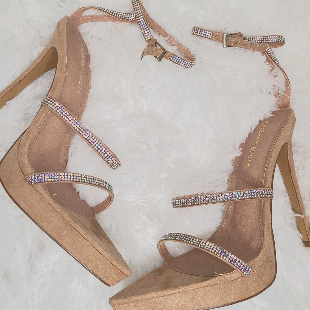 Nude AB rhinestone point toe heel Sandals